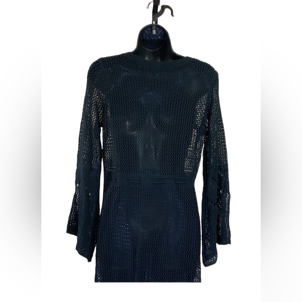 Women's V-Neck Crochet Bell Sleeve Swim Cover Up Dress, One Size, Black